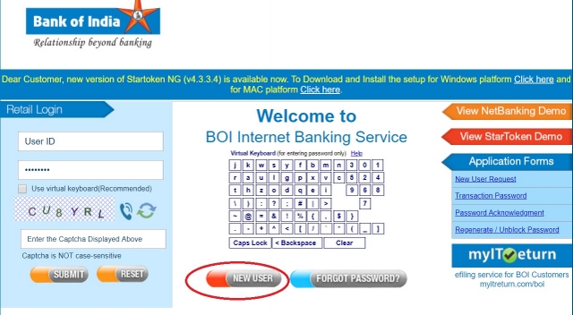 BOI net banking new user registration