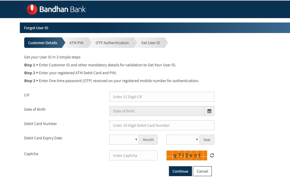bandhan bank user ID recovery