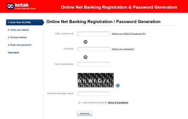 Kotak online banking password generation