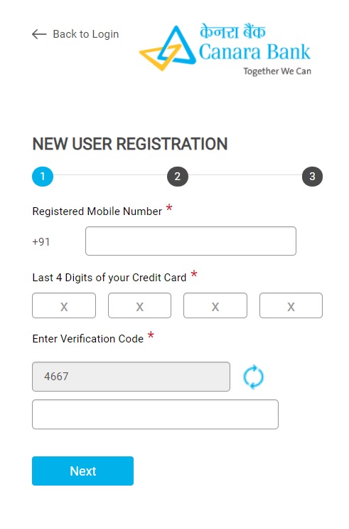 canara credit card new user registration