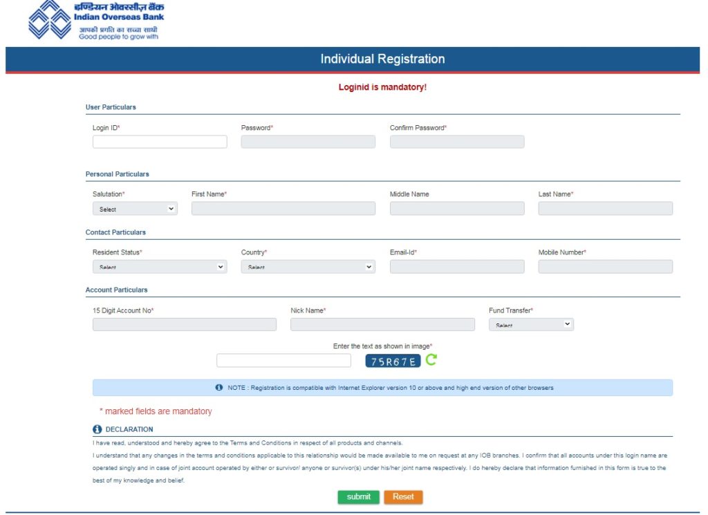 Indian overseas bank net banking registration form details